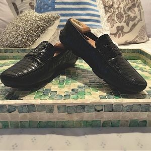 PRADA USA Men’s Collection, Croc-Stamp Calf Leather Drivers, Black w/Silver HW